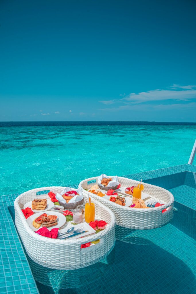 Breakfast served over turquoise water