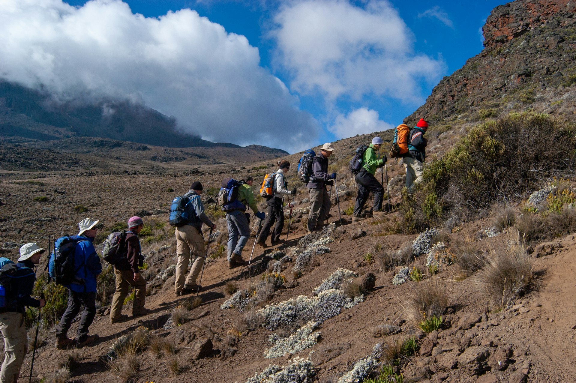 Hikers on a high mountain trail