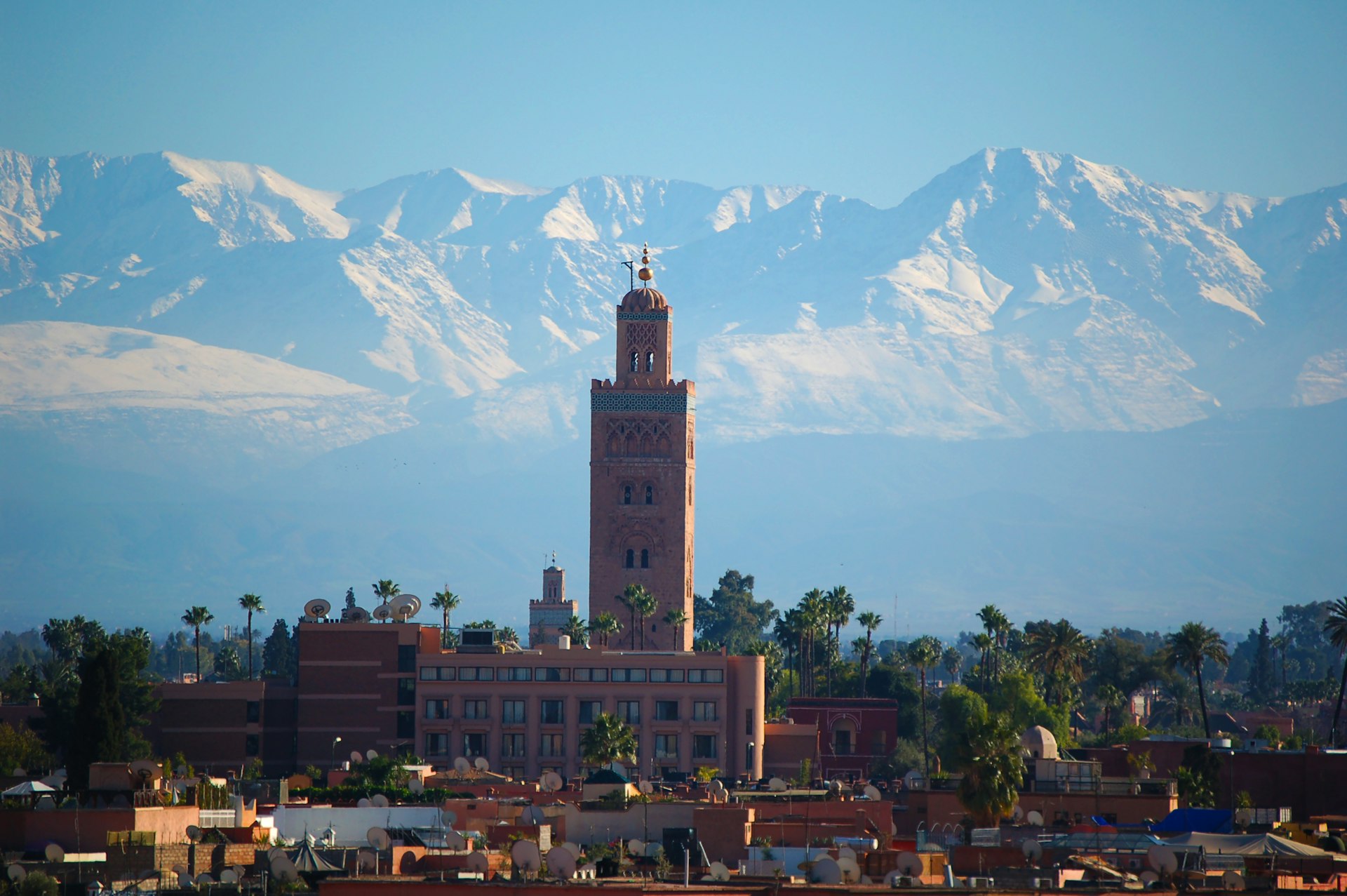 Koutoubia minaret with the Atlas beyond