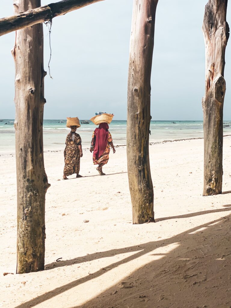 Two women carrying baskets along a Zanzibar beach between palm trunks